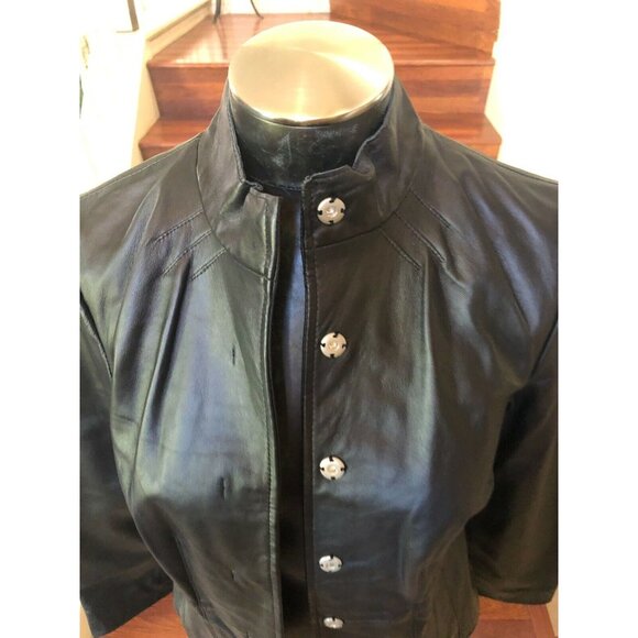 I.E. Women's Black Leather Jacket Snap Buttons Slim Cropped Size PM - Picture 2 of 8